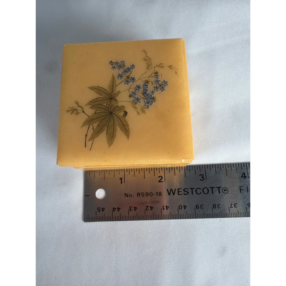 VINTAGE Trinket Box Unisex Small Yellow Good Floral Stone Square